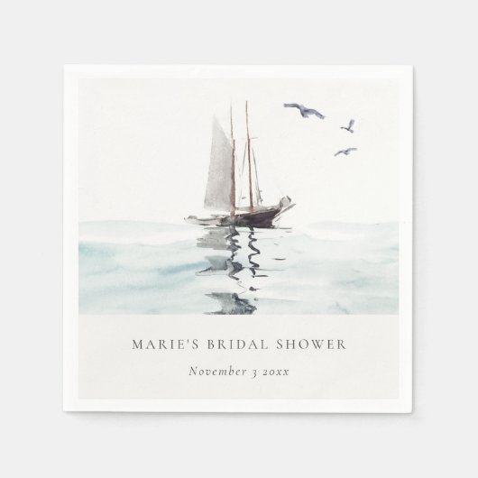 水彩画の海軍ヨット ブライダルシャワー スタンダードカクテルナプキン (正面)