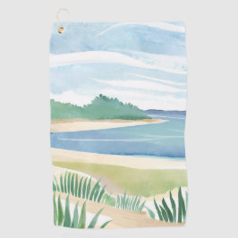 水彩画の海・海岸・海草と砂州 Beach+Grass+Bay ゴルフタオル