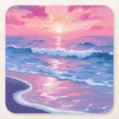 水彩画の淡紅色の夕焼けの海の波 スクエアペーパーコースター (正面)