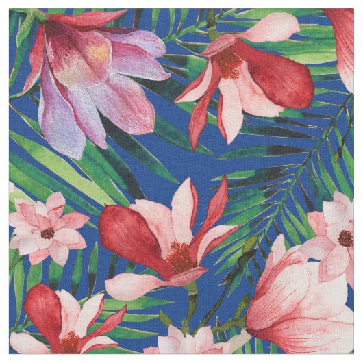 水彩画の濃紺の赤い珊瑚の熱帯花柄 ファブリック (クローズアップ)