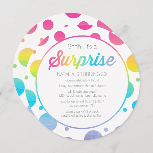 水彩画の点の驚きの誕生日のパーティの招待状 招待状 (正面/裏面)