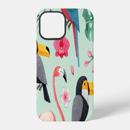 水彩画の熱帯の鳥や花のパターン iPhoneケース (裏面)