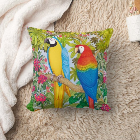 水彩画の熱帯コンゴウインコは枕をオウム返しします クッション (ブランケット)