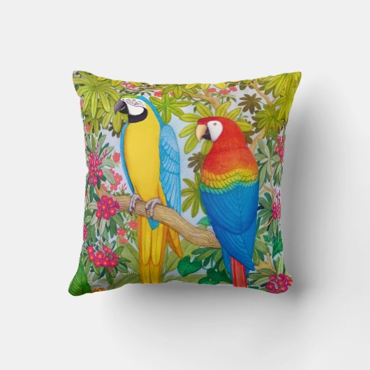 水彩画の熱帯コンゴウインコは枕をオウム返しします クッション (裏面)