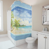 水彩画の熱帯ビーチの砂の海の熱帯やし シャワーカーテン (インサイチュ)