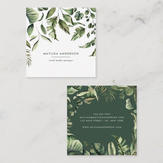 水彩画の熱帯植物の群葉のモダン スクエア名刺 (正面/裏面)