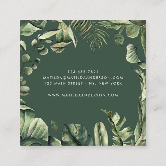 水彩画の熱帯植物の群葉のモダン スクエア名刺 (裏面)