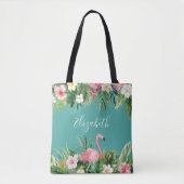 水彩画の熱帯花のフラミンゴのティール（緑がかった色） トートバッグ (正面)