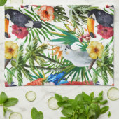 水彩画の熱帯鳥および群葉パターン キッチンタオル (折り畳み)