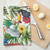 水彩画の熱帯鳥および群葉パターン キッチンタオル (四つ折り)