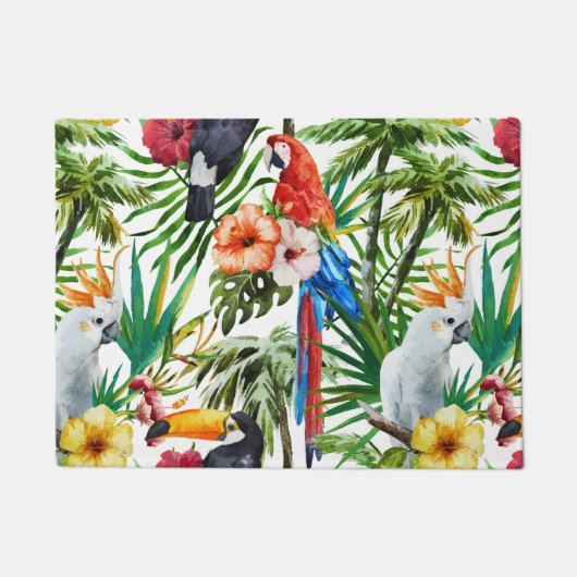 水彩画の熱帯鳥および群葉パターン ドアマット (正面)