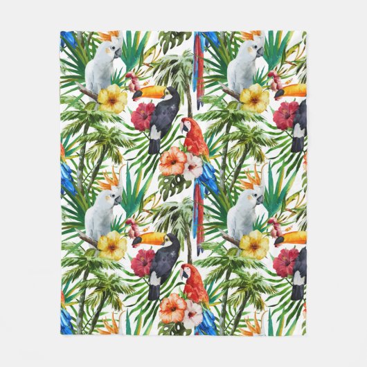 水彩画の熱帯鳥および群葉パターン フリースブランケット (正面)