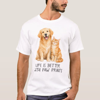 水彩画の犬と猫の足跡が人生を豊かに Life Is Better With Paw Prints W Tシャツ