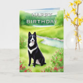 水彩画の犬の誕生日おめでとう カード (黄色い花)