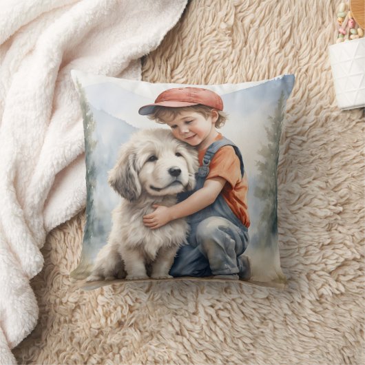 水彩画の犬を抱き締める小さな少年 クッション (ブランケット)
