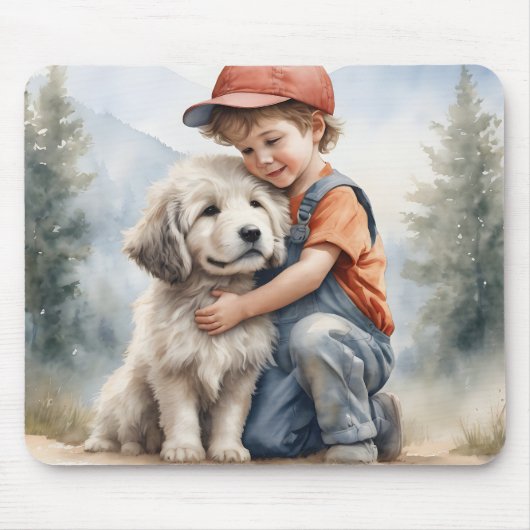 水彩画の犬を抱き締める小さな少年 マウスパッド (正面)
