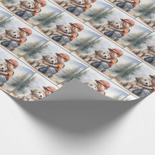 水彩画の犬を抱き締める小さな少年 ラッピングペーパー (角)