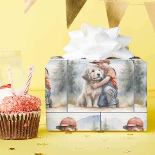 水彩画の犬を抱く少年 ラッピングペーパー (誕生日パーティー)