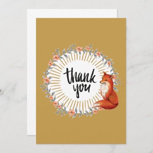 水彩画の狐と花のリースの感謝カード サンキューカード (正面/裏面)