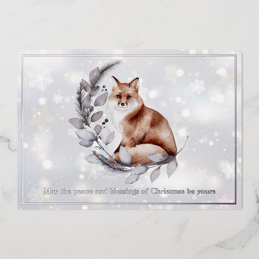 水彩画の狐と雪のカスタムクリスマス 箔シーズンカード (正面)