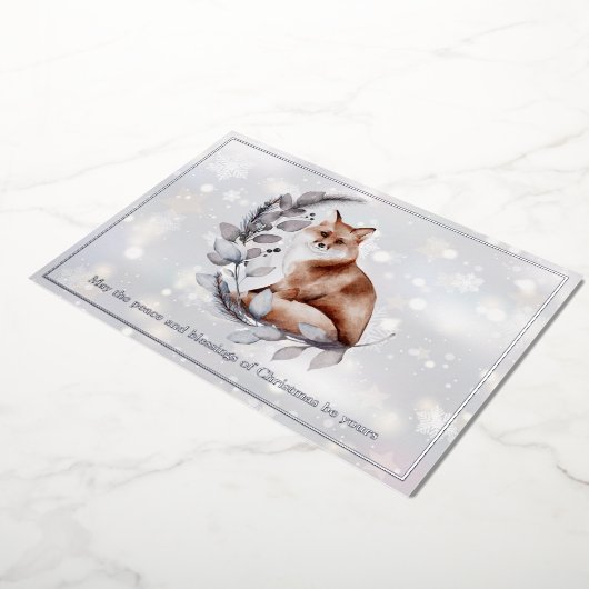 水彩画の狐と雪のカスタムクリスマス 箔シーズンカード (回転した状態)