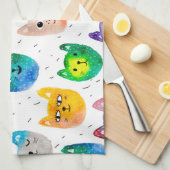 水彩画の猫および友人 キッチンタオル (四つ折り)