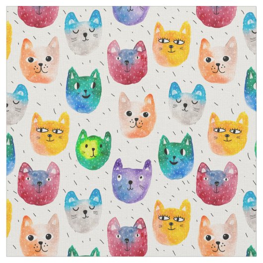 水彩画の猫および友人 ファブリック (クローズアップ)