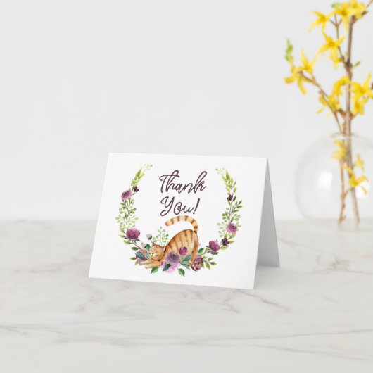 水彩画の猫および花は感謝していしています カード (黄色い花)