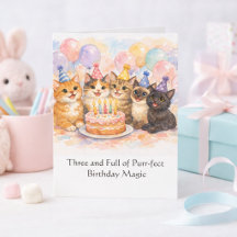 水彩画の猫が可愛い女の子の3歳の誕生日カード