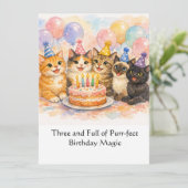 水彩画の猫が可愛い女の子の3歳の誕生日カード (スタンド正面)