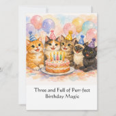 水彩画の猫が可愛い女の子の3歳の誕生日カード (正面)