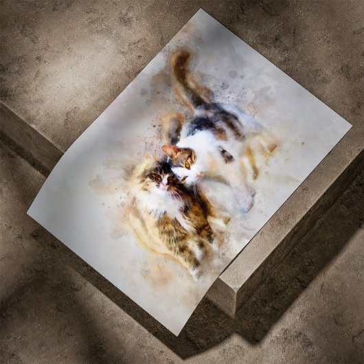 水彩画の猫が寄り添うやさしい抽象芸術 ポスター