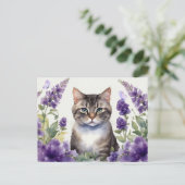 水彩画の猫とラベンダーの花 ポストカード (スタンド正面)
