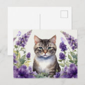 水彩画の猫とラベンダーの花 ポストカード (正面/裏面)