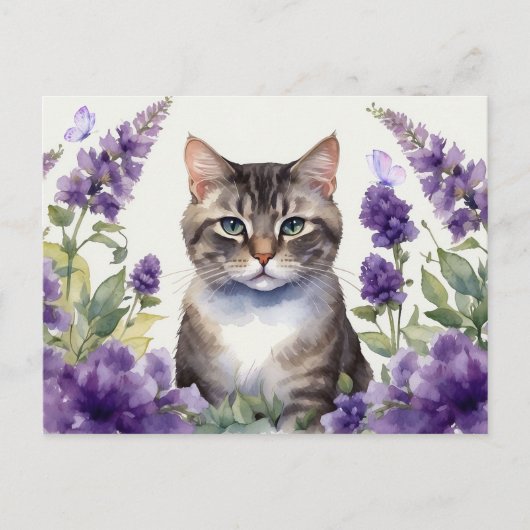 水彩画の猫とラベンダーの花 ポストカード (正面)