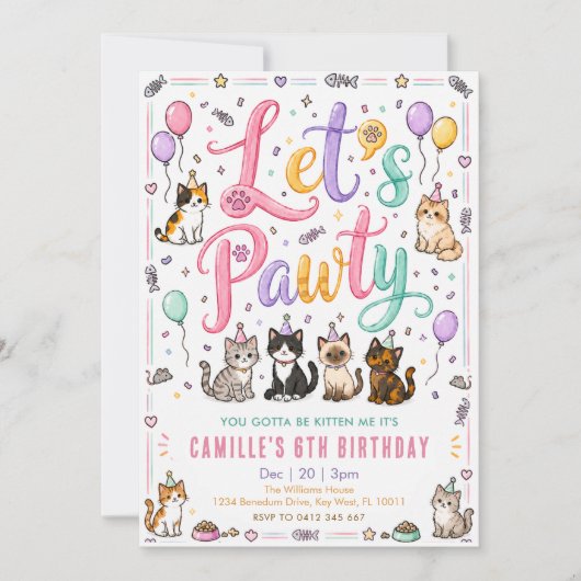 水彩画の猫の誕生日おめでとう Let's Pawty 招待状 (正面)