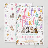 水彩画の猫の誕生日おめでとう Let's Pawty 招待状 (正面/裏面)