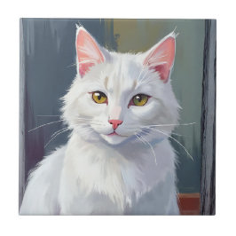 水彩画の猫ペットアート 白猫 タイル