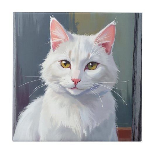 水彩画の猫ペットアート 白猫 タイル (正面)