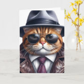 水彩画の猫 スーツ タイ ジャケット ハット サングラス カード (黄色い花)