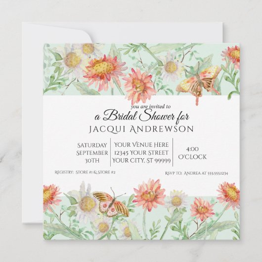 水彩画の珊瑚の真新しいアイボリーの花のブライダルシャワー 招待状 (正面)