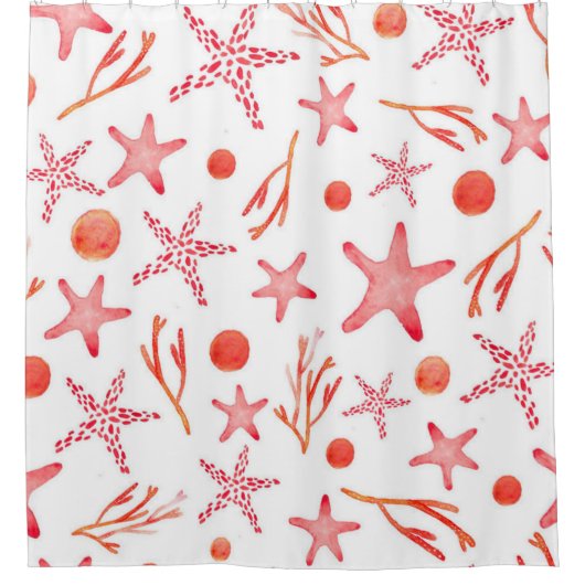 水彩画の珊瑚の紅海の創造物の継ぎ目が無いパターン シャワーカーテン (正面)