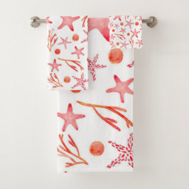 水彩画の珊瑚の紅海の創造物の継ぎ目が無いパターン バスタオルセット