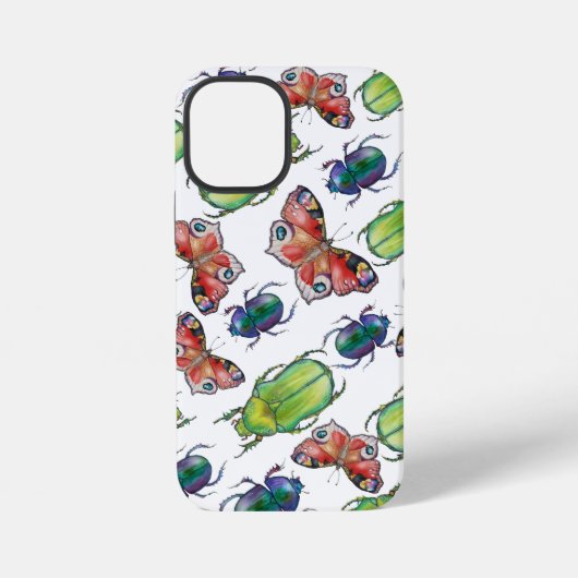 水彩画の甲虫と蝶の模様 iPhoneケース (裏面)