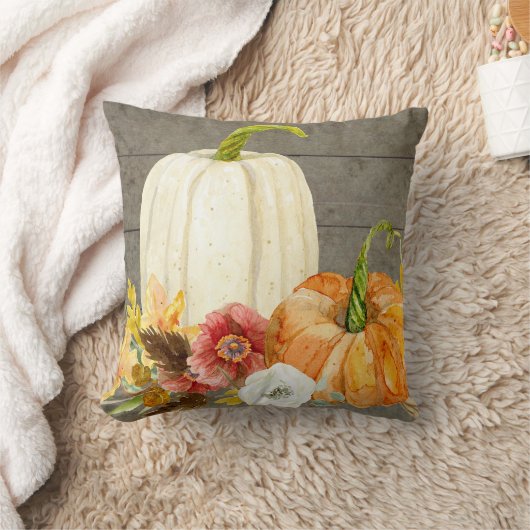 水彩画の白いカボチャ赤いケシの秋の葉木 クッション (ブランケット)
