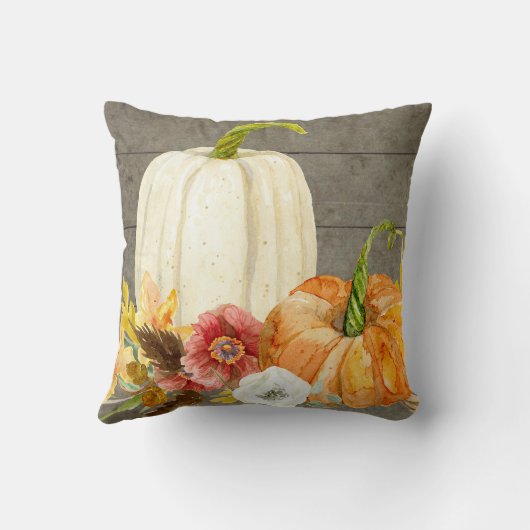 水彩画の白いカボチャ赤いケシの秋の葉木 クッション (裏面)