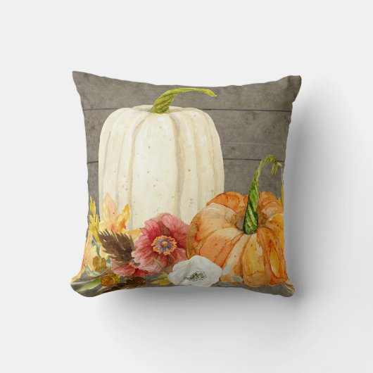 水彩画の白いカボチャ赤いケシの秋の葉木 クッション (正面)