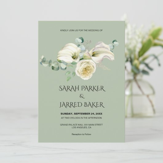 水彩画の白いコーラ・ユリのブーケ ウェディング 招待状 (スタンド正面)