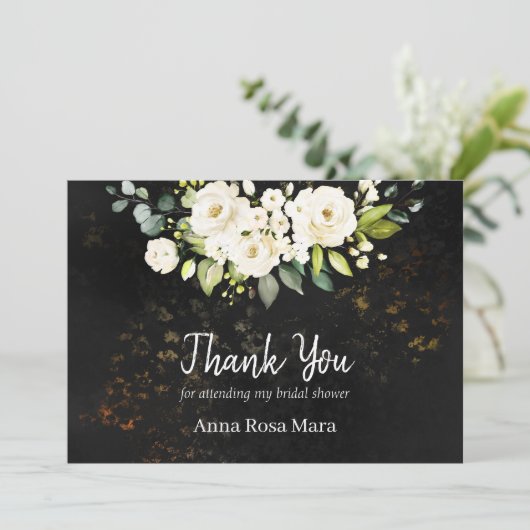 *~* 水彩画の白いバラのブライダルシャワー ラスティック サンキューカード (スタンド正面)