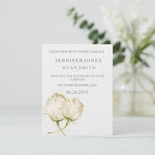 水彩画の白いバラの結婚式の招待 招待状 (スタンド正面)